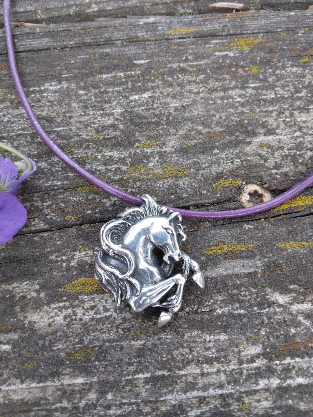 Vintage Sterling Silver Horse Pendant on Purple Leather Cord - Picture 2 of 7